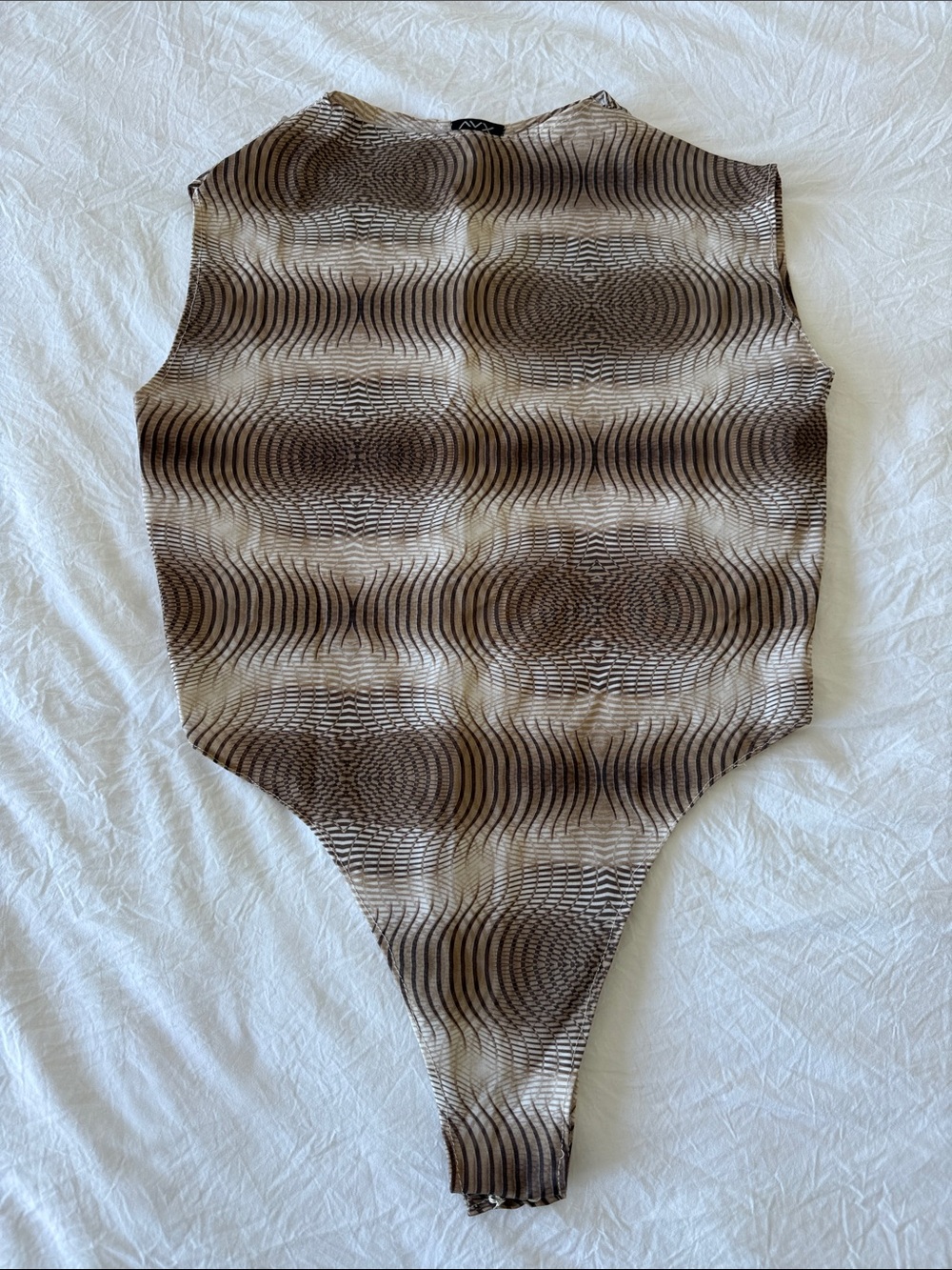AVX Italian Nylon Sleeveless Wave-Print Brown & Cream Bodysuit